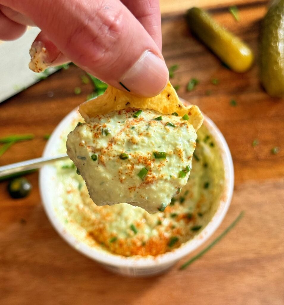 high protein pickle cottage cheese dip on chip