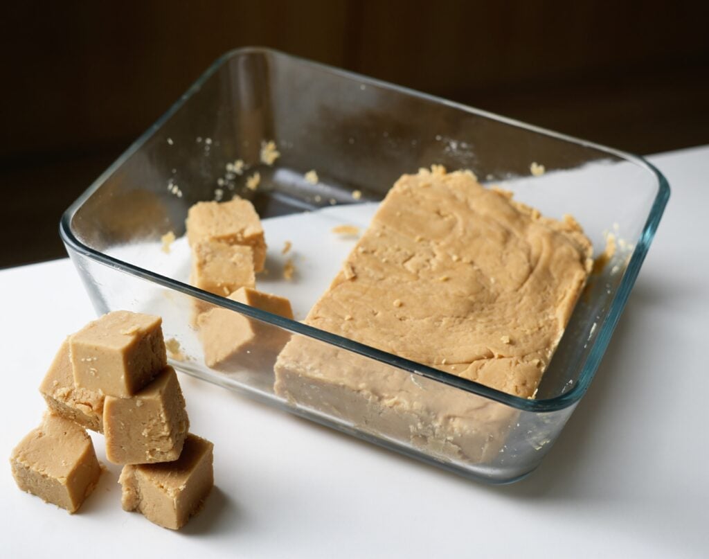 holiday fudge peanut butter and marshmallow stacked and in tray