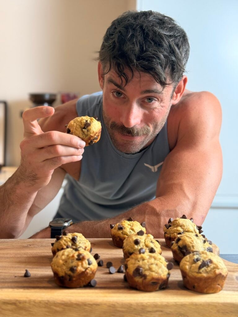 jacob eating high protein banana muffin