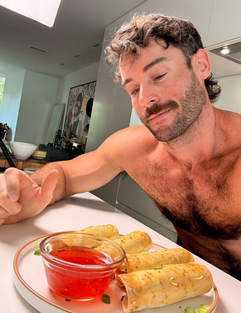 jacob looking at his high protein low carb crab rangoons