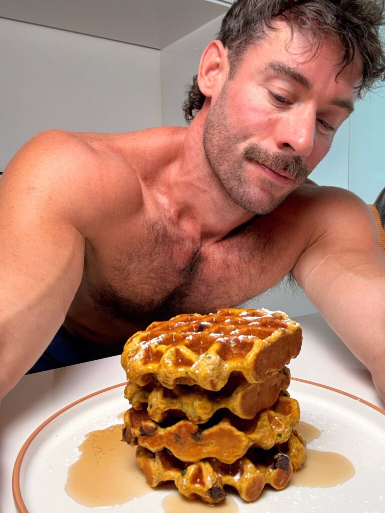 jacob showing high protein zucchini bread waffle