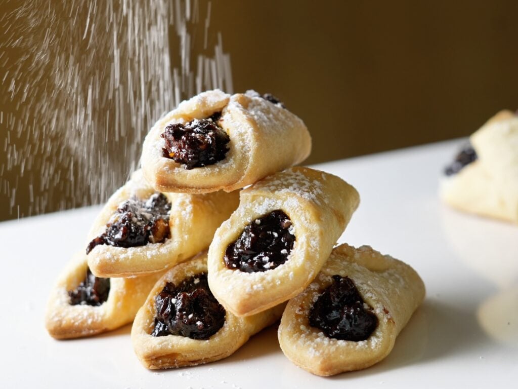 lekvar filled cookies being dusted with powdered sugar