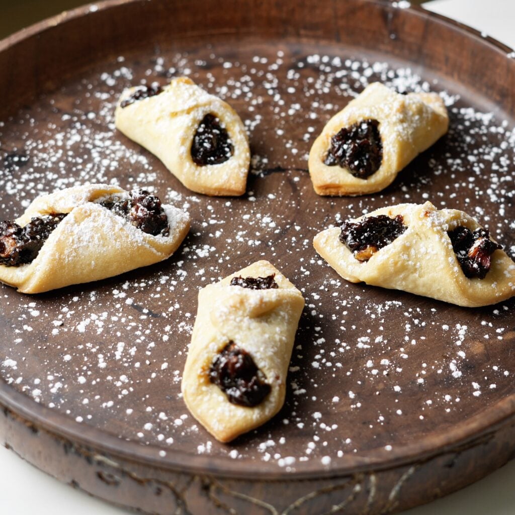 lekvar filled cookies being dusted with powdered sugar on tray