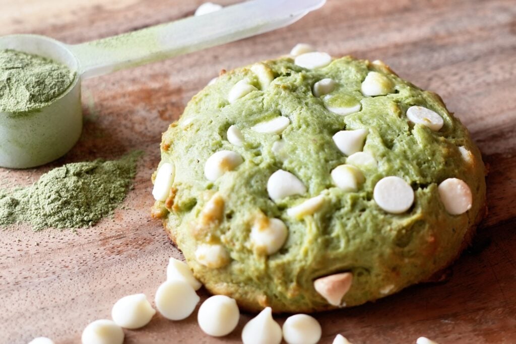 matcha and greens protein cookie on board
