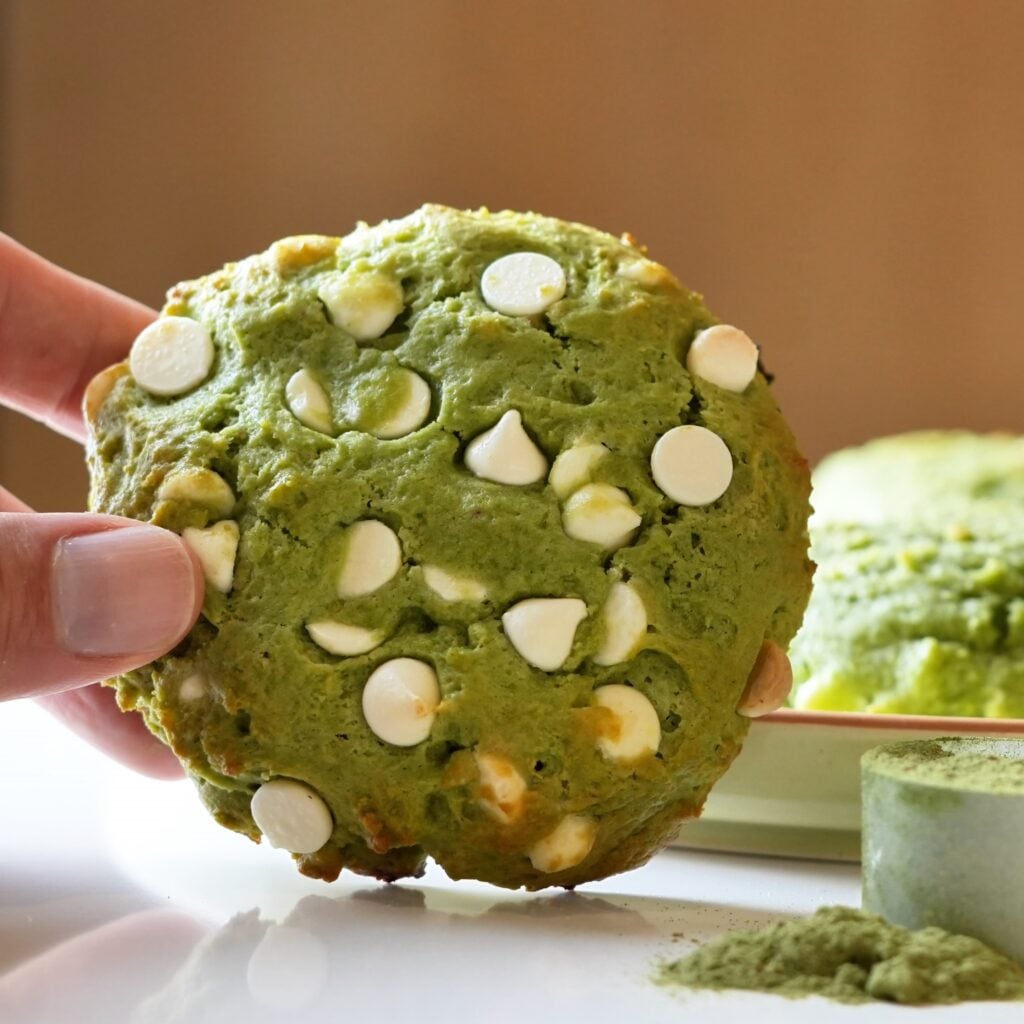matcha and greens protein cookie on side