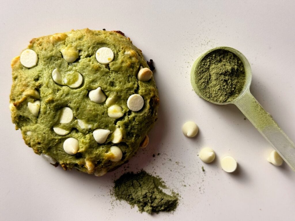 matcha and greens protein cookie overhead