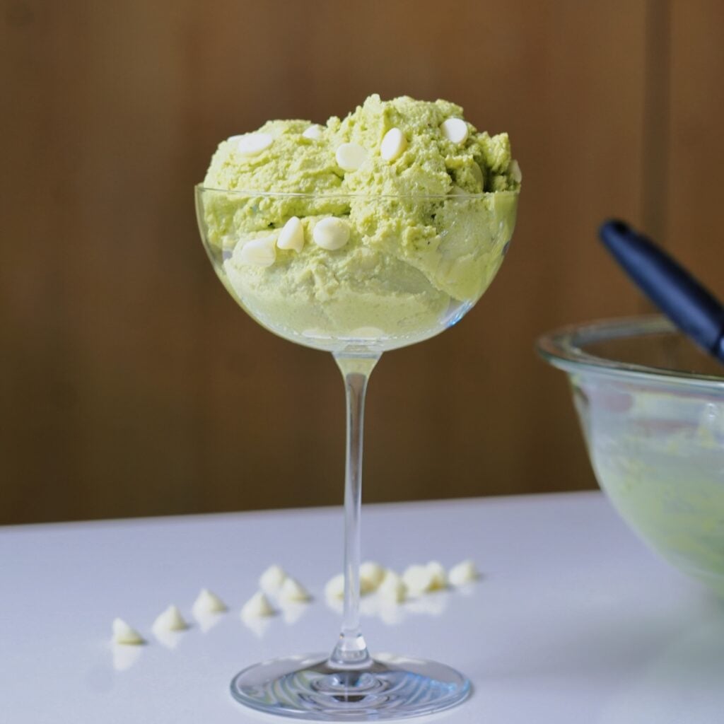 matcha no bake cookie dough scooped in glass