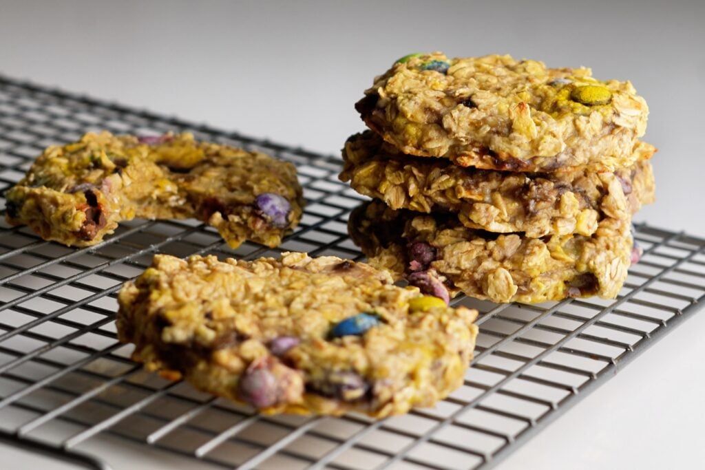 oatmeal breakfast cookies with bite on rack