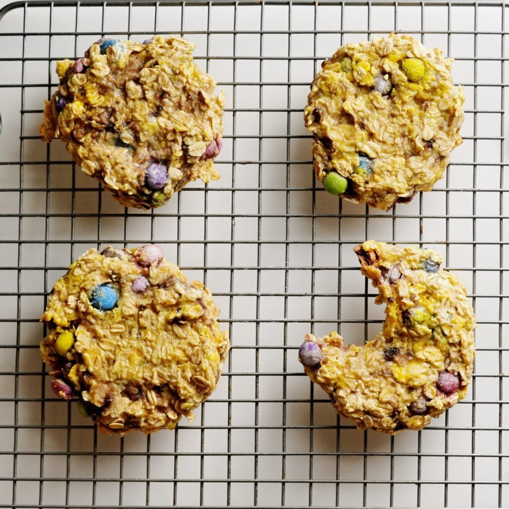 oatmeal breakfast cookies with bite on rack overtop
