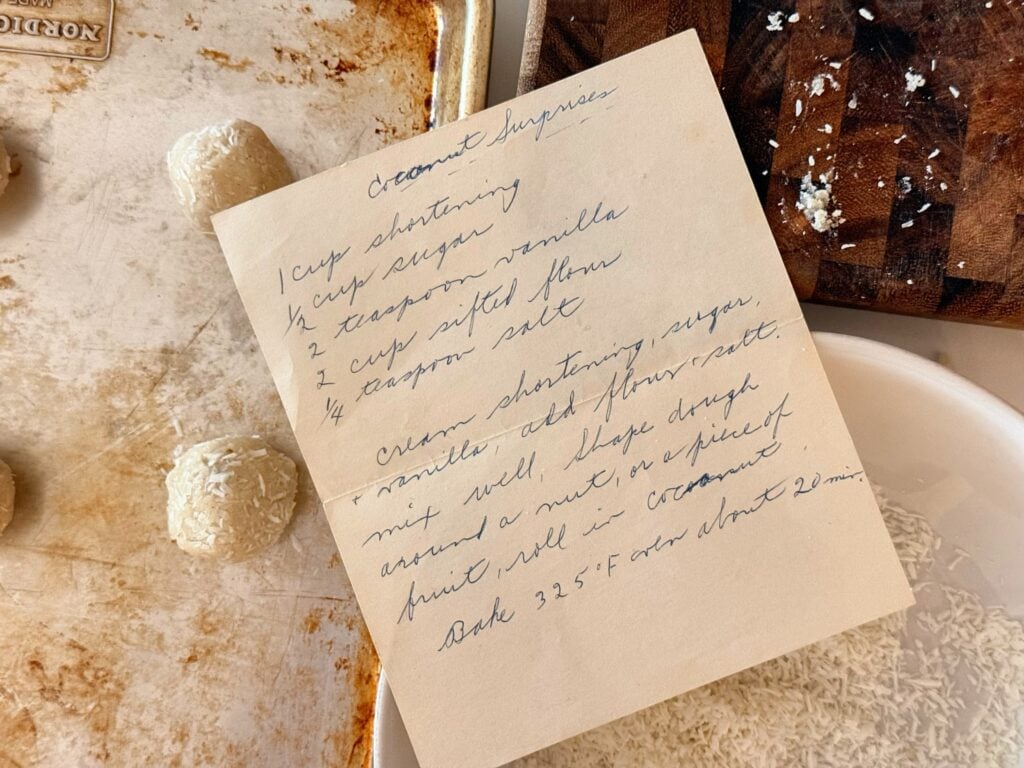 original recipe card for the coconut surprise cookies