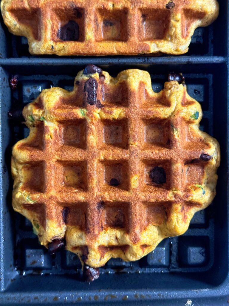 zucchini protein waffles in the iron close up