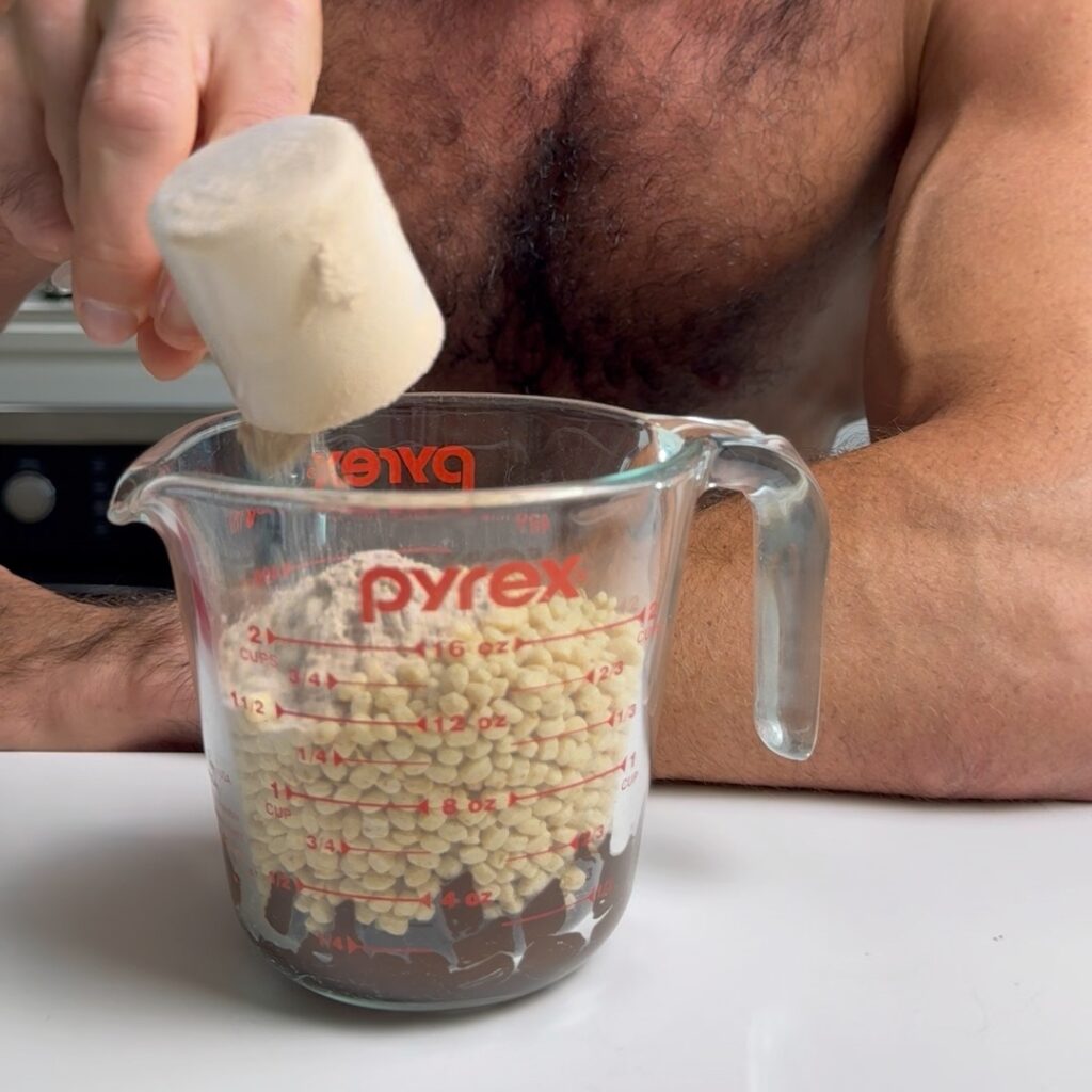 adding ingredients for the chocolate crunch protein truffle