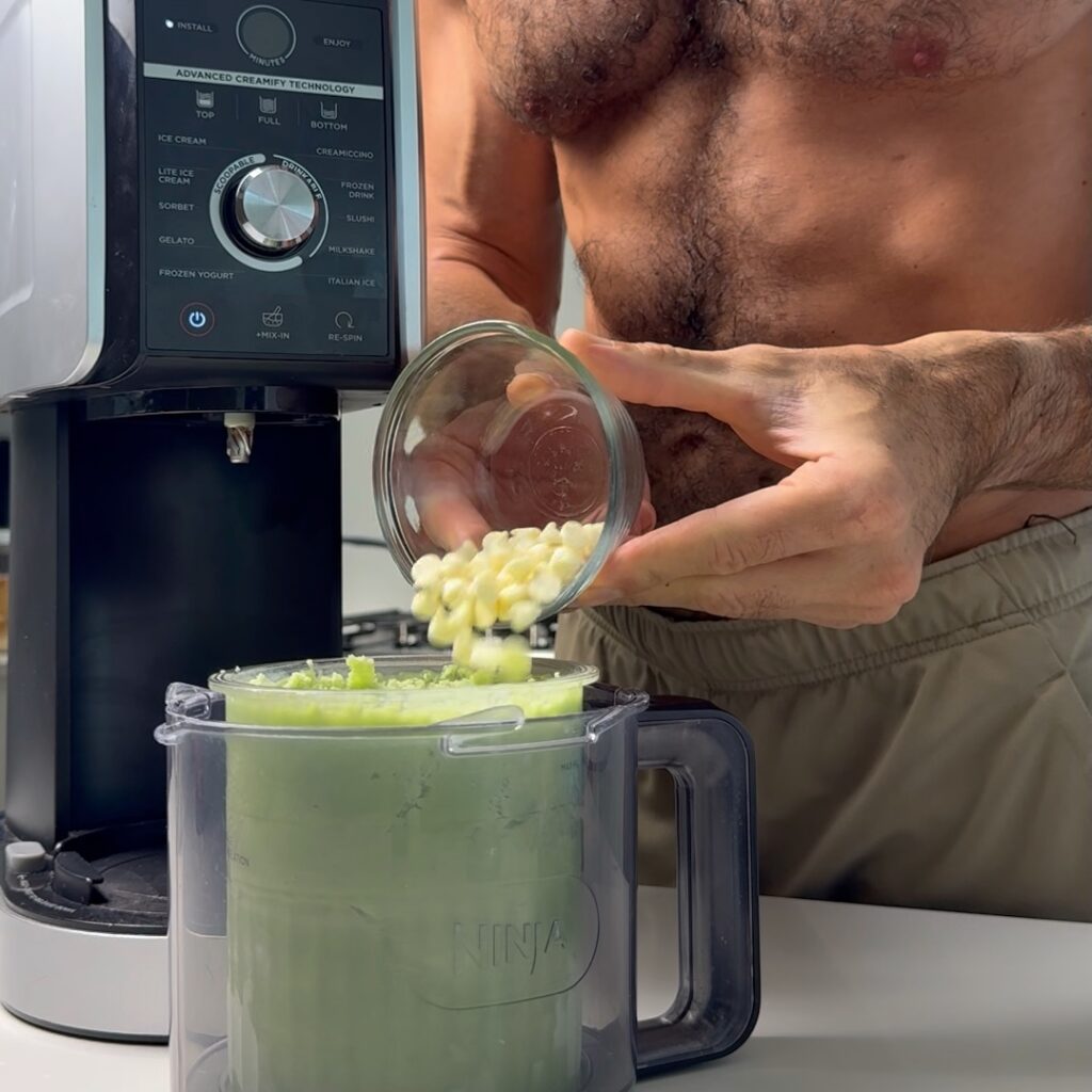 adding white chocolate chips to matcha creami