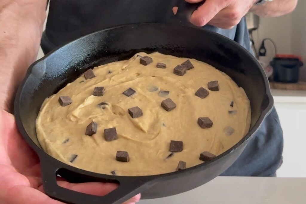 banana bread skillet ready to bake