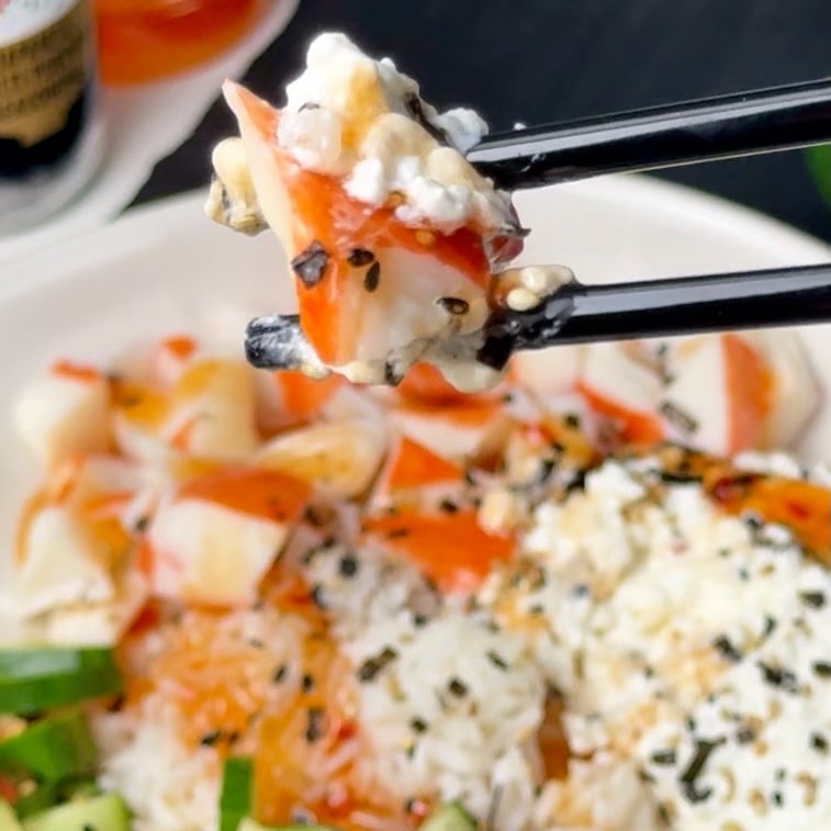 Cottage Cheese Sushi Bowl in chop sticks