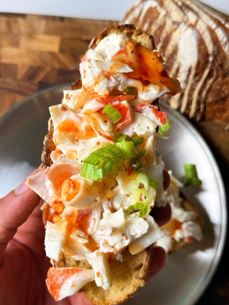 crab rangoon sourdough toast close up