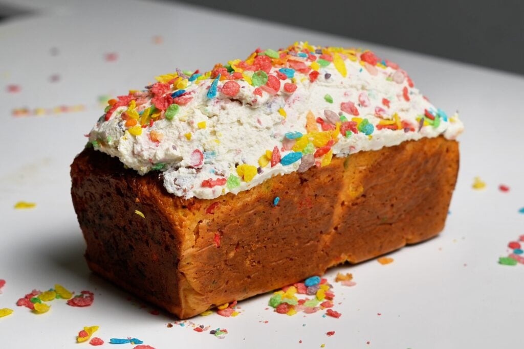 finished fruity pebble loaf cake