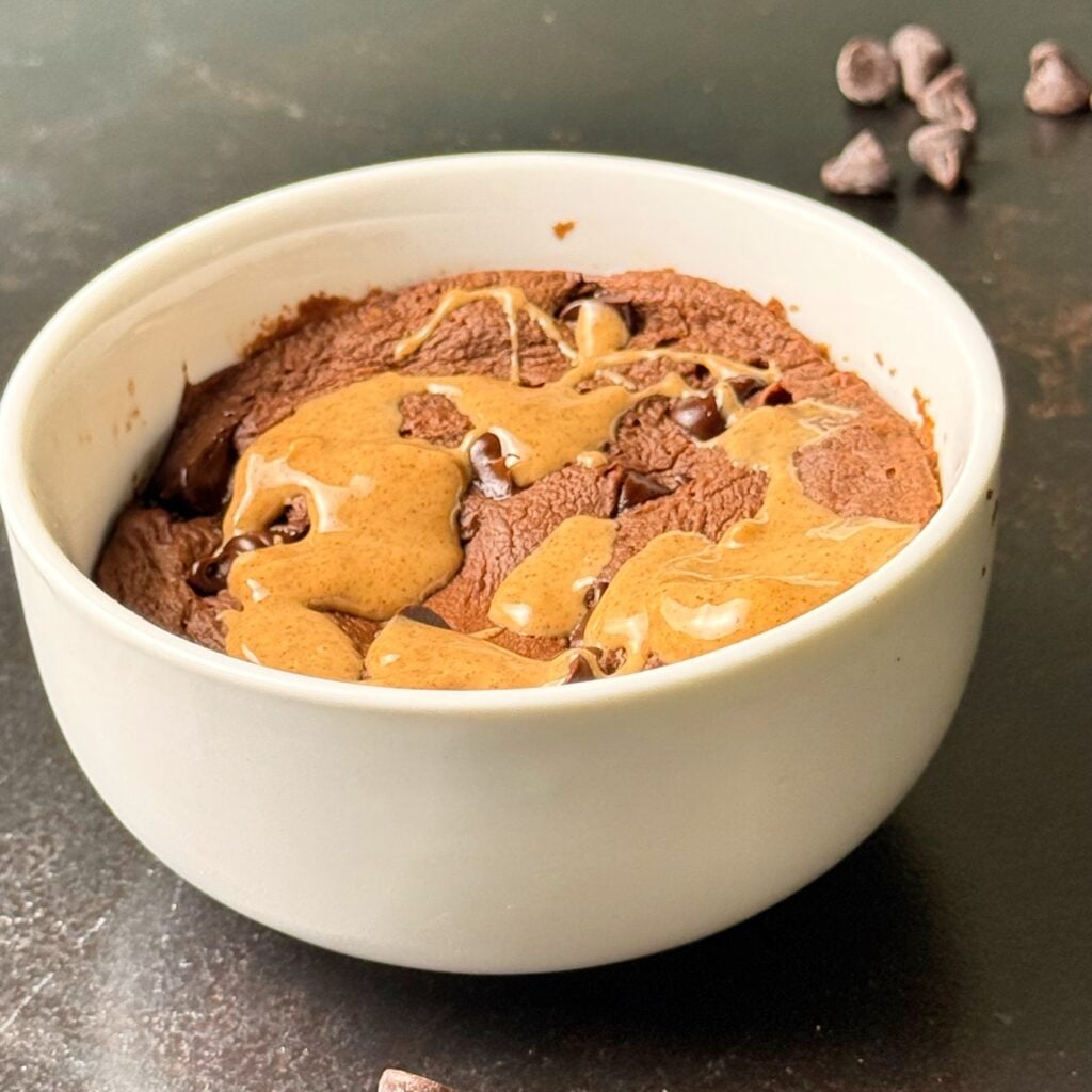 finished microwave chocolate brownie with peanut butter drizzle