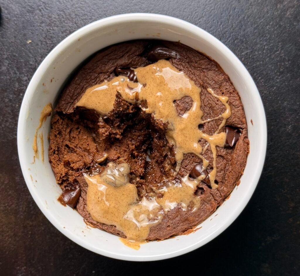finished microwave chocolate brownie with peanut butter drizzle eaten