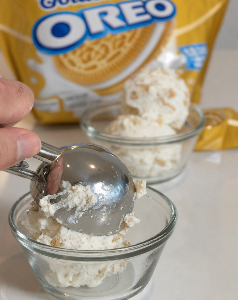 golden oreo fluffy yogurt being scooped