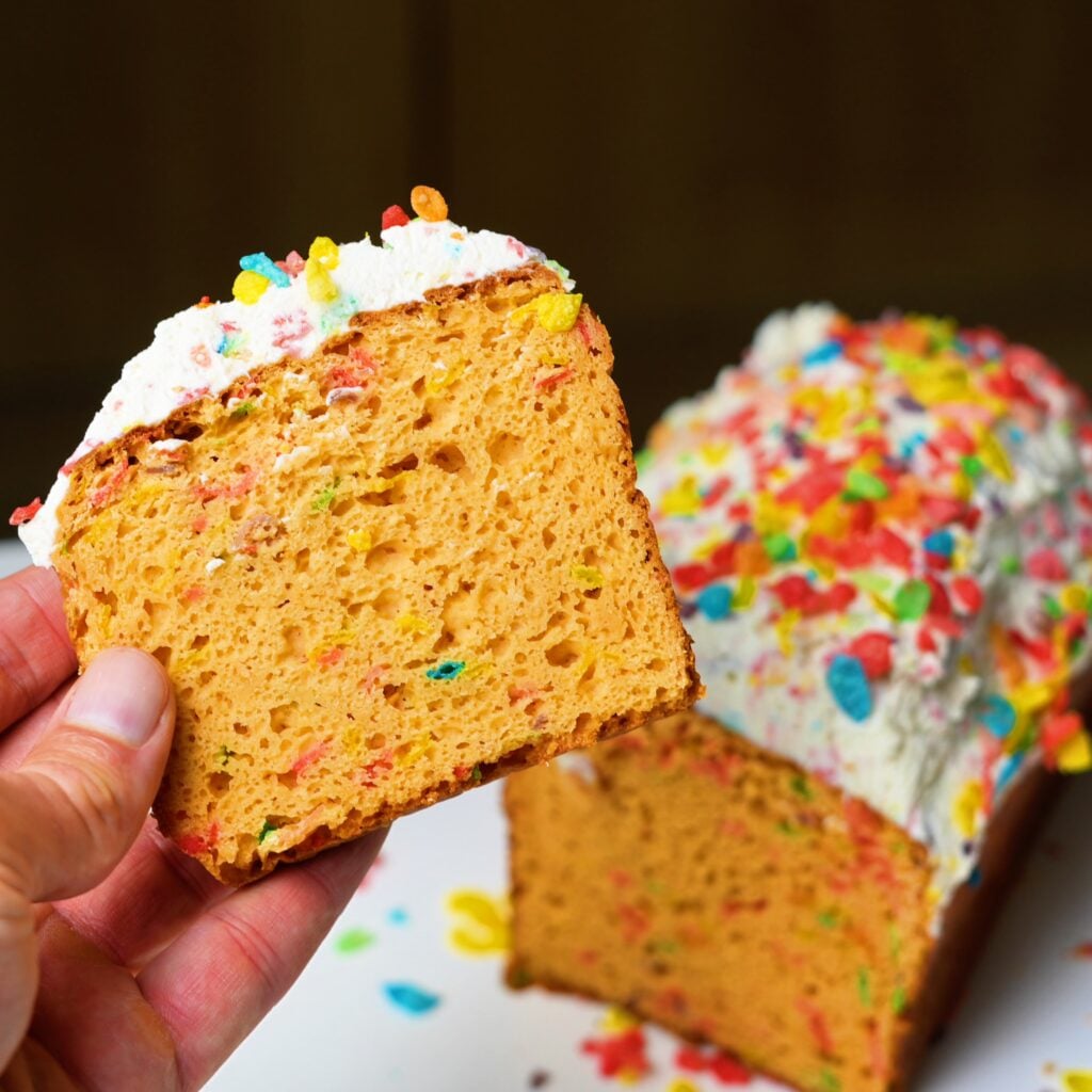 jacob holding fruity pebble loaf cake