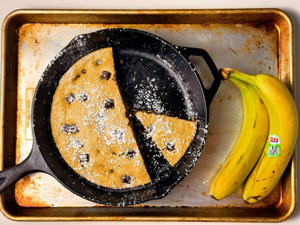 high protein banana bread skillet on board