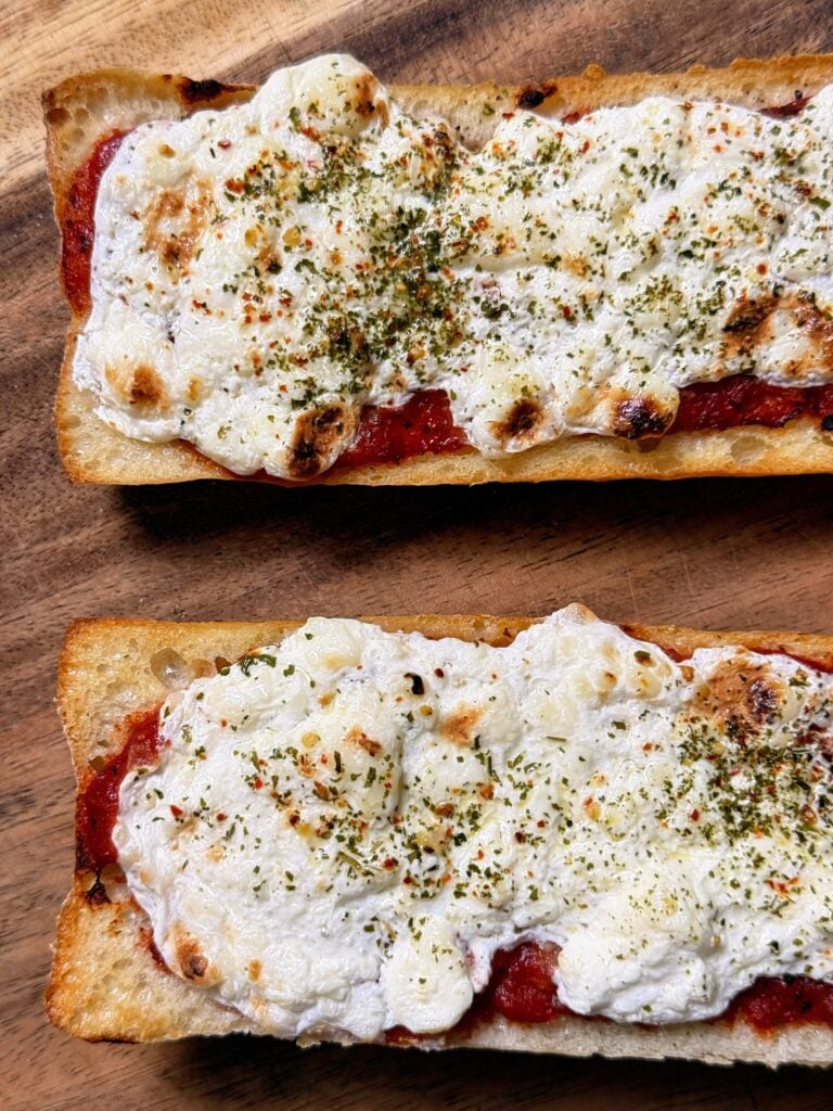 high protein cottage cheese pizza toast close up