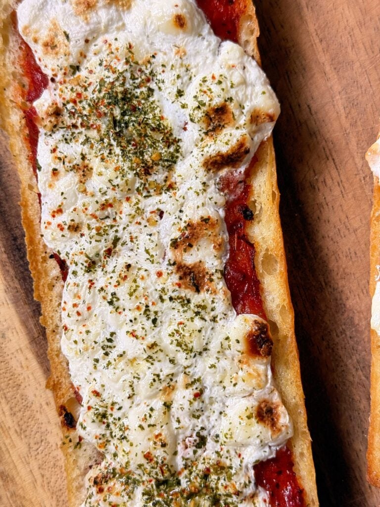 high protein cottage cheese pizza toast extreme close up