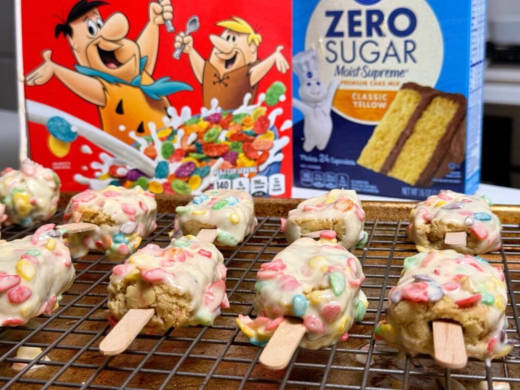 high protein fruity pebbles cake pop drying