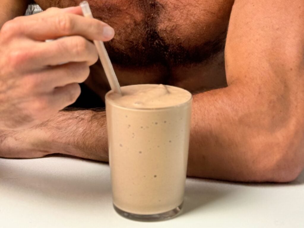 jacob drinking high protein wendys frosty in glass