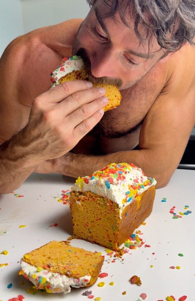 jacob eating fruity pebble loaf cake