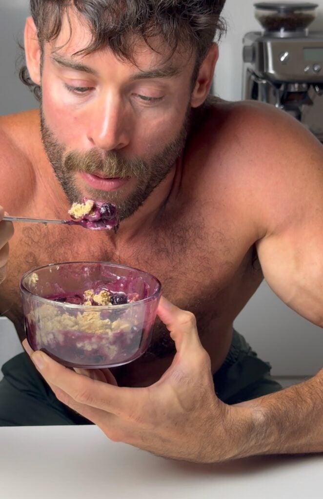 jacob eating his cinnamon toast crunch blueberry cobbler