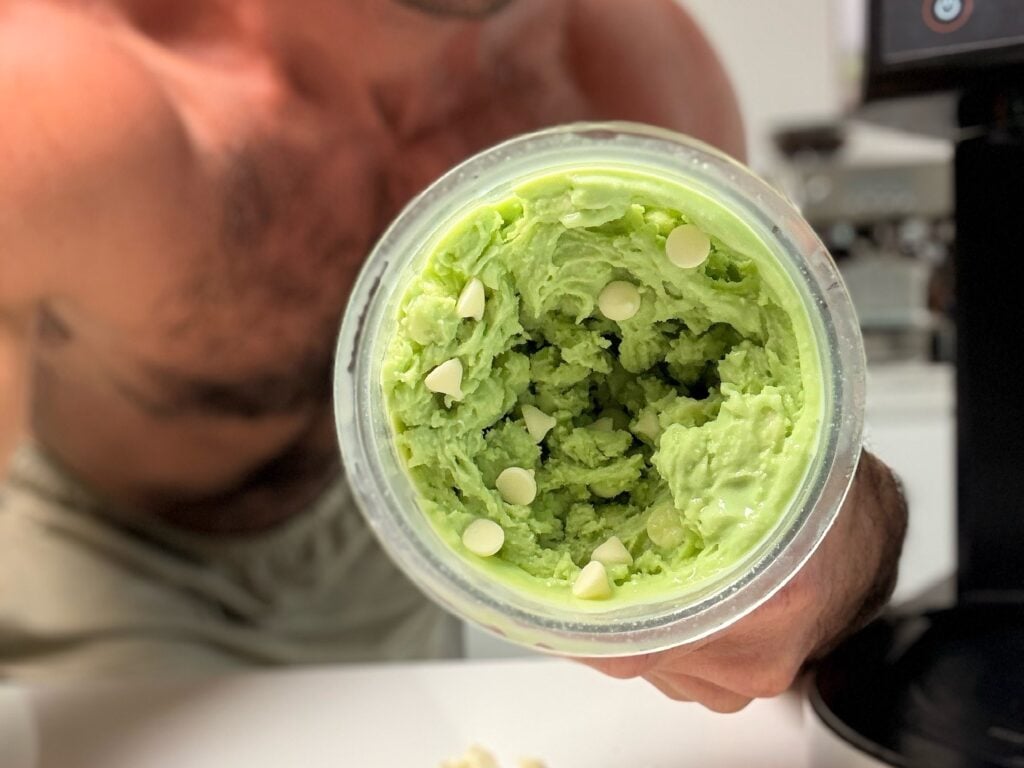 jacob holding matcha high protein ninja creami