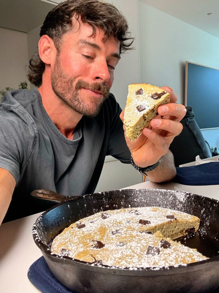 jacob holding the high protein banana bread skillet