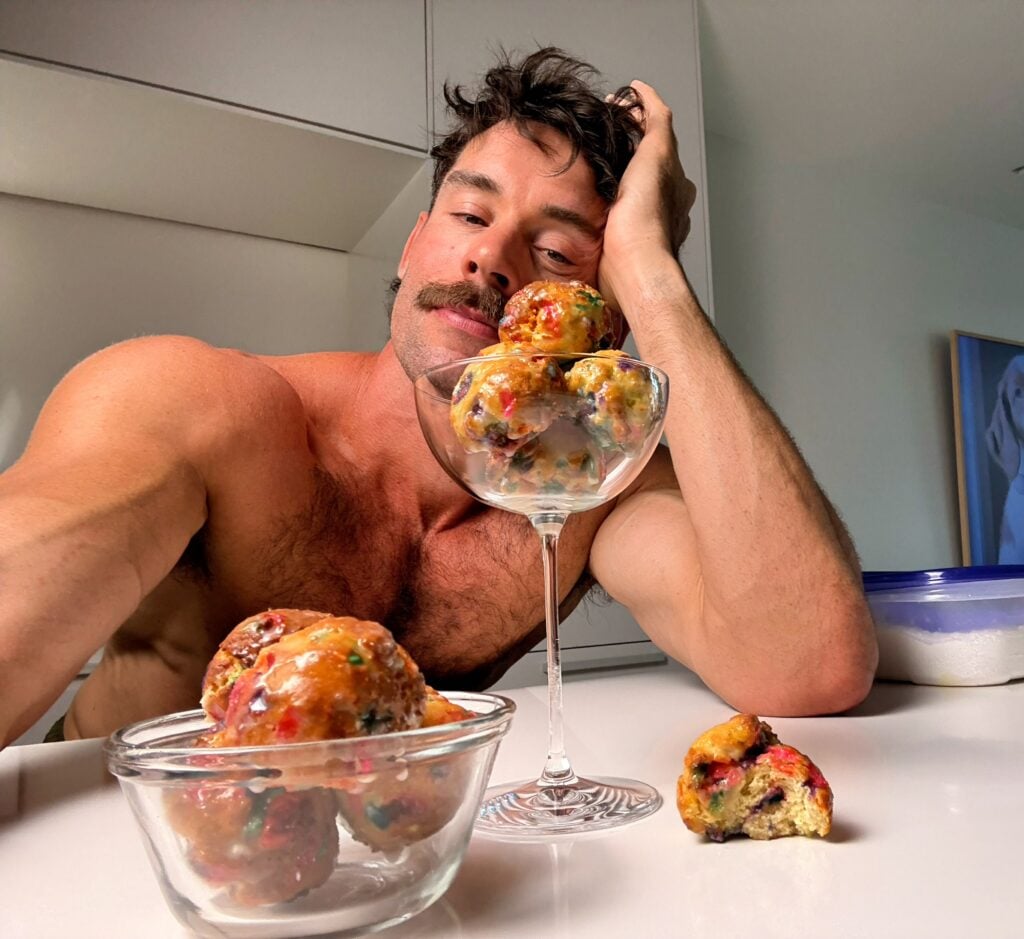 jacob looking at his high protein fit flour donut holes close up