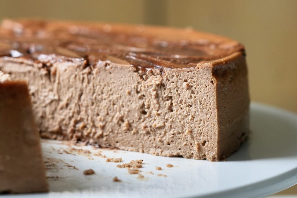 slice shot of the protein chocolate cheesecake