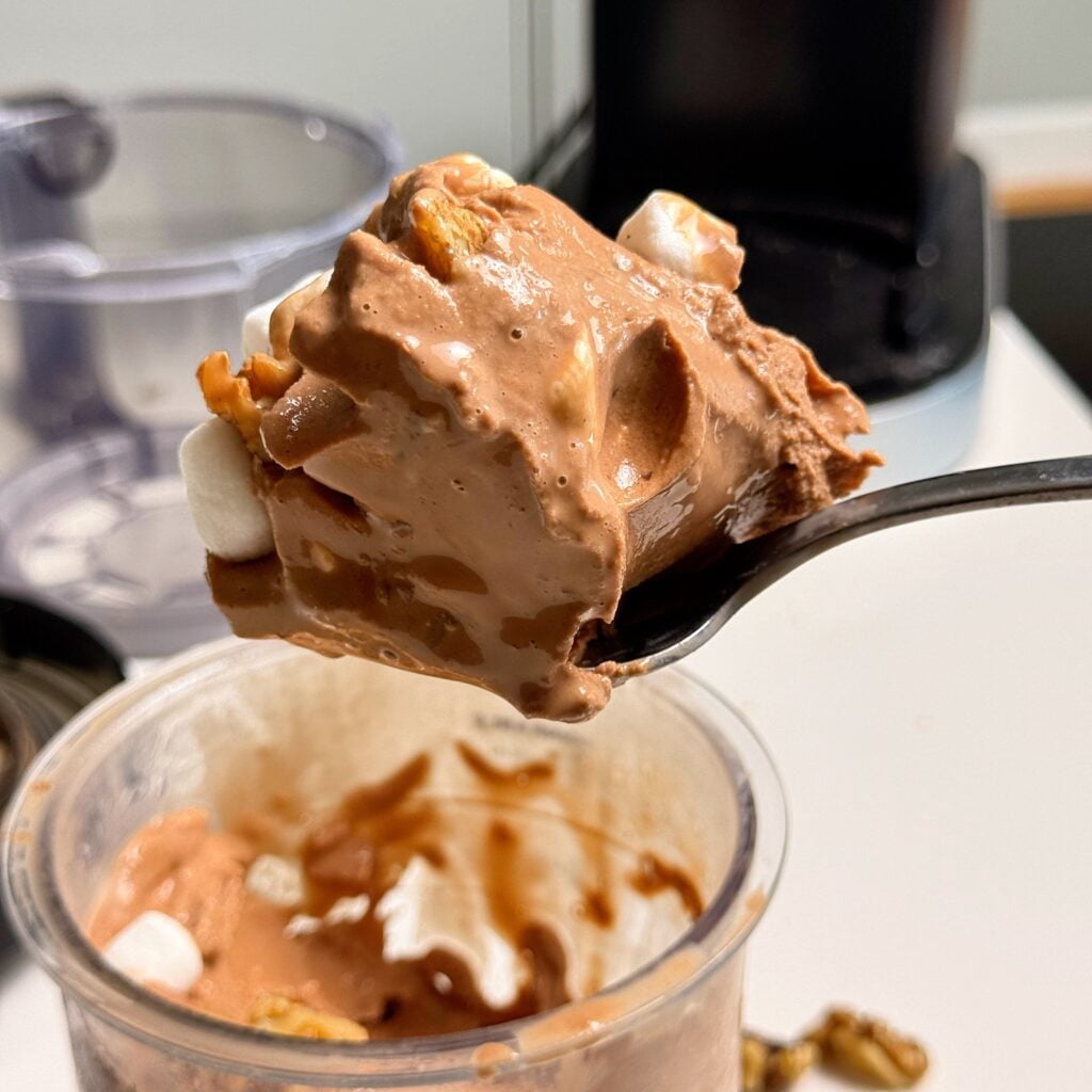 spoonful of finished moose tracks protein ice cream
