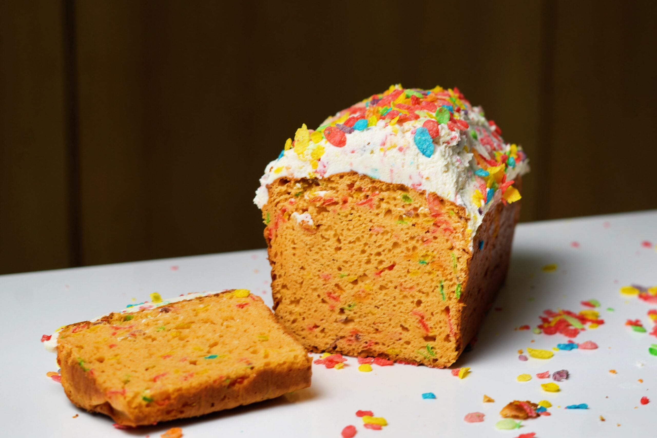 wide shot fruity pebble loaf cake