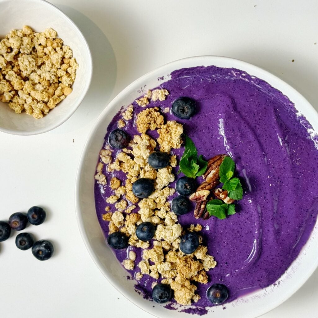 blueberry cobbler smoothie on counter
