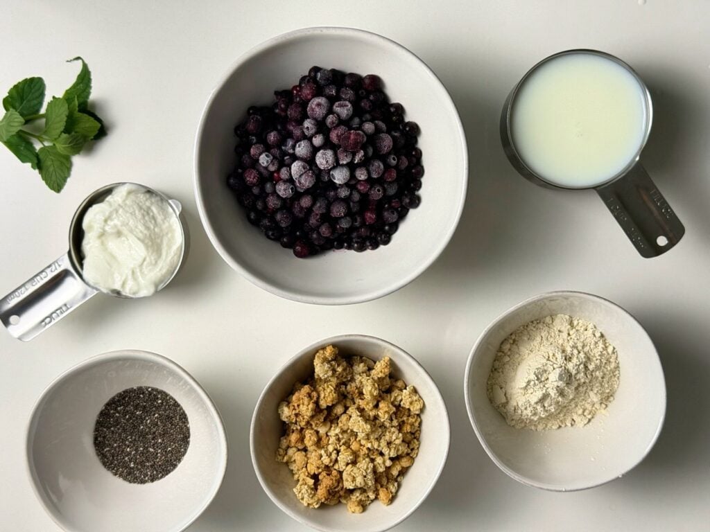 blueberry cobbler smoothie on counter ingredients
