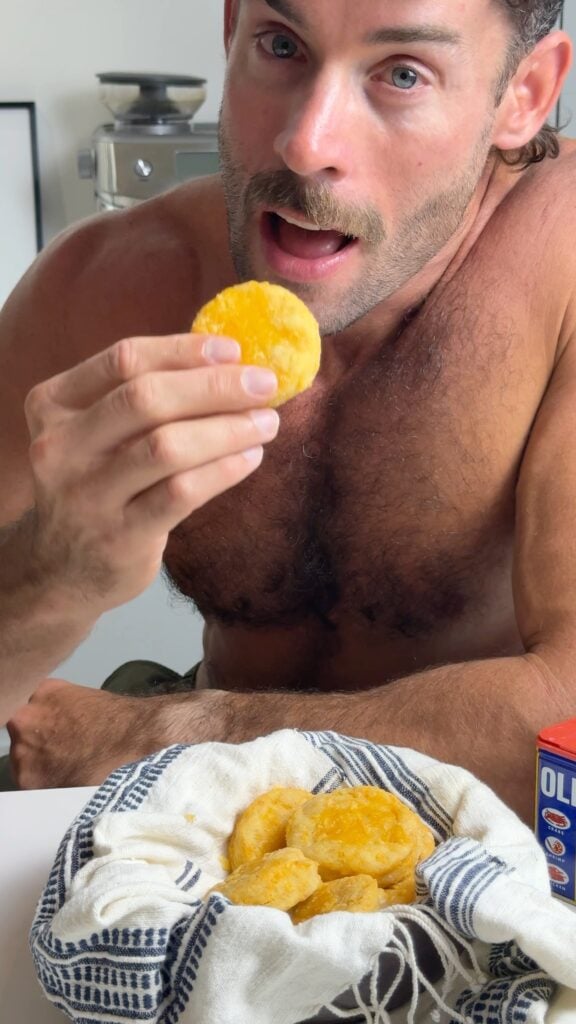 jacob eating greek yogurt cheddar bay biscuits