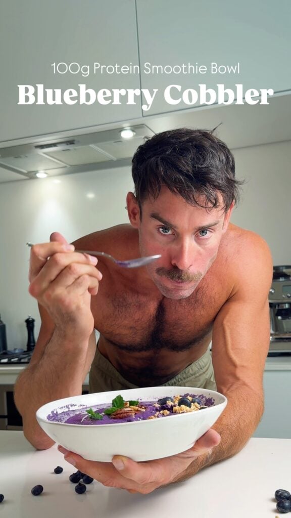 jacob eating high protein blueberry cobbler