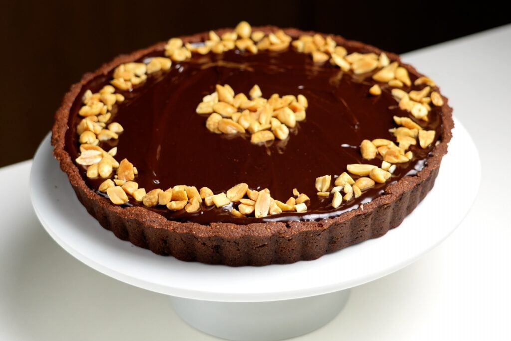 peanut butter tart with chocolate ganache wide