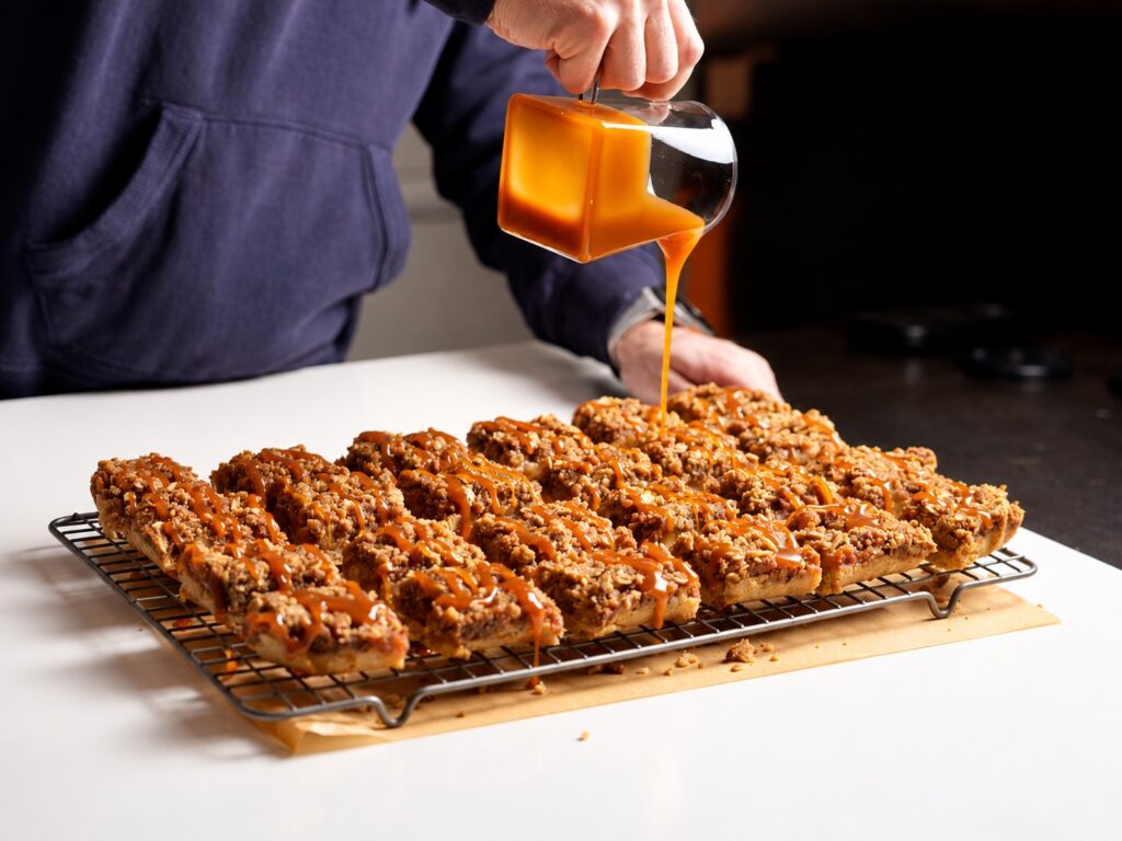 Salted caramel being drizzled over gluten-free apple pie bars on a cooling rack.