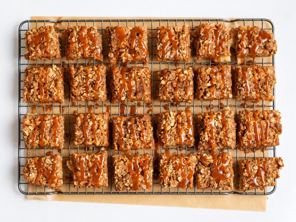 Overhead view of gluten-free apple pie bars drizzled with salted caramel on a cooling rack.