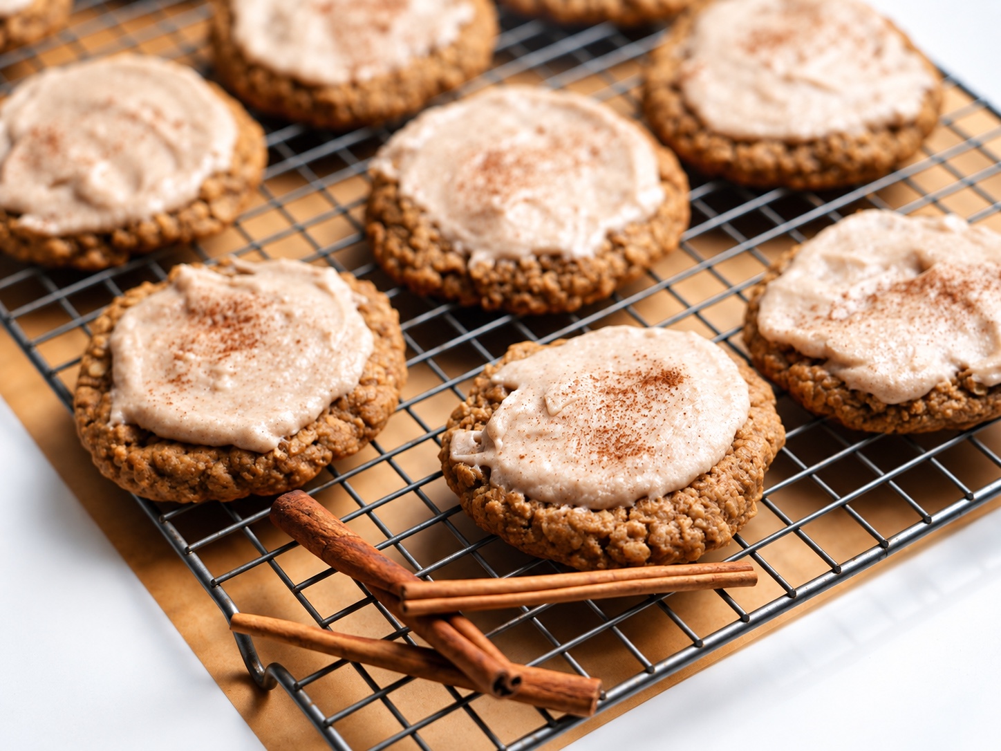 Frosted apple butter oatmeal cookies arranged on a wire cooling rack with cinnamon sticks.