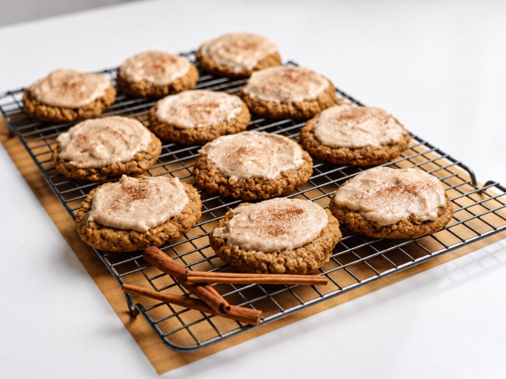 Full batch of frosted apple butter oatmeal cookies arranged on a wire cooling rack.