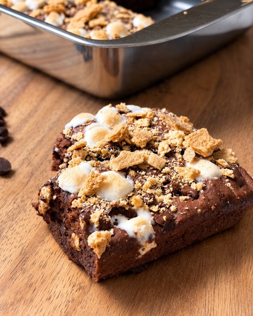 Chocolate banana s'mores brownie square on a wooden cutting board with the baking pan behind it