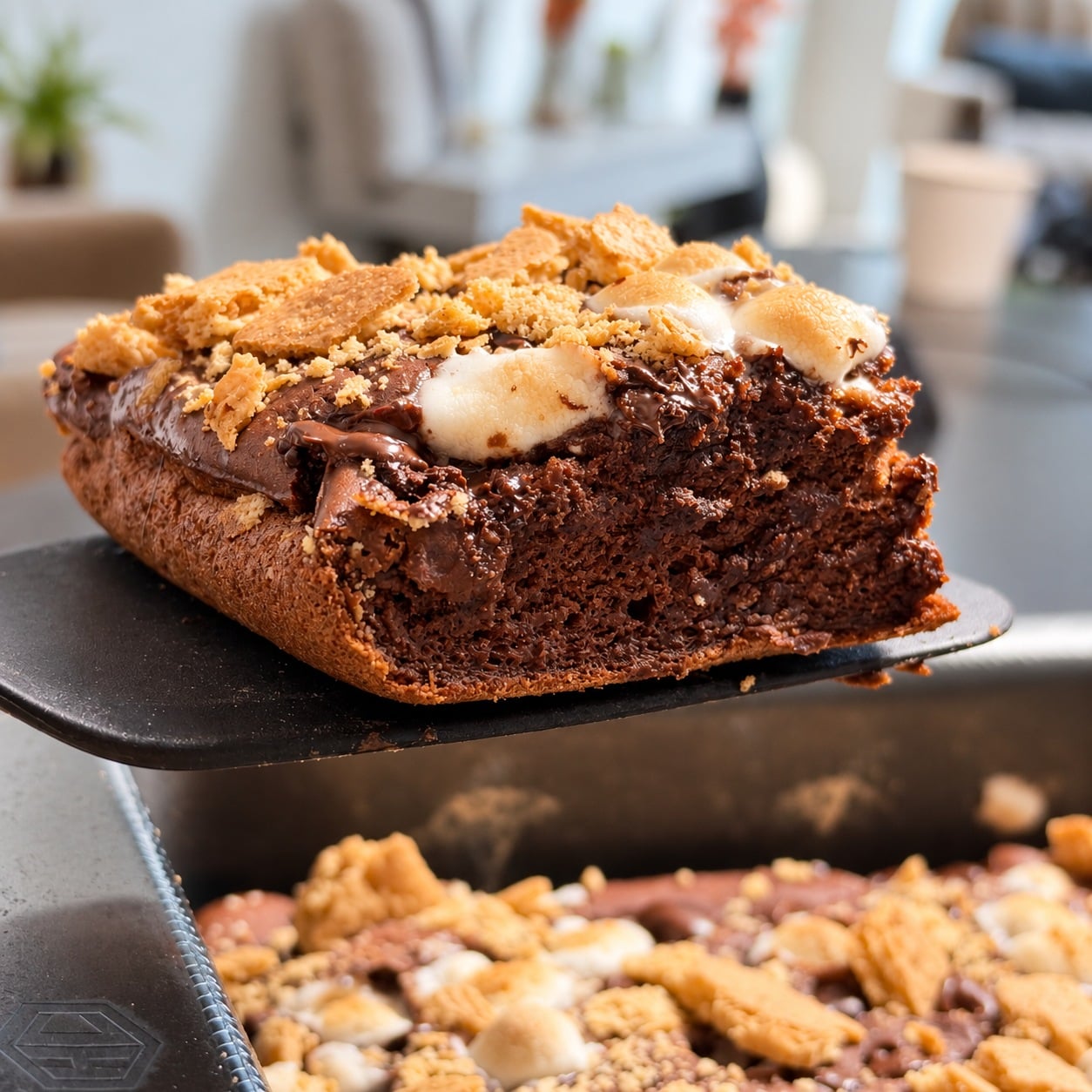 Close side view of a moist chocolate banana s'mores brownie square lifted on a spatula
