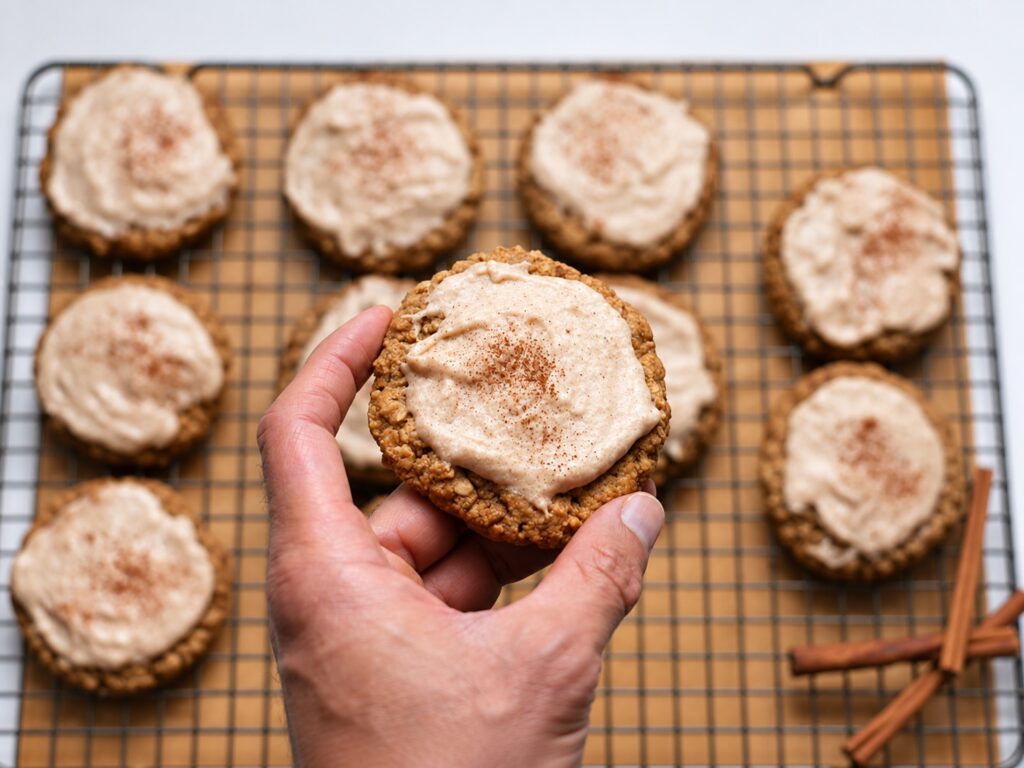 Hand holding one frosted apple butter oatmeal cookie above a cooling rack filled with cookies.